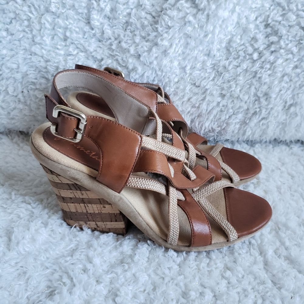 Gunmetal Leather Strappy Chunky Wedge Sandals‎